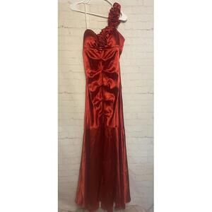Blondie Nites Red Satin Dress Mermaid Maxi Rose Shoulder Sz 11 Teen Jr Formal
